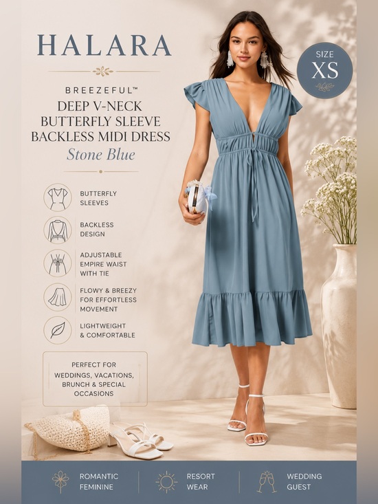 HALARA Dresses & Skirts - Halara Breezeful™ Deep V-Neck Butterfly Sleeve Midi Dress Stone Blue Size XS